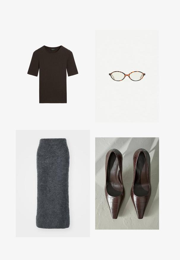 Mörkbrun kortärmad t-shirt med rund halsringning, enfaldig design med ribbad krage, märkt Massimo Dutti vid halsen.; Grå ullkjol i pennstil med en mjuk, lurvig textur. Har en figurnära silhuett och en knälång design. Ingen synlig metall eller mönster.; Bruna lackskinnsskor med hög klack och spetsig tå, prydda med krokodiltextur och med en slät insida. Designade för att ge ett elegant utseende.; Sköldpaddsmönstrade glasögon med ovala linser och en elegant, slät yta. Har tunna sidor med en subtil kurva vid tinningarna. Klara linser.; Svart läderaxelväska med en slät yta, böjd form och en justerbar rem som har guldiga detaljer och en märkesbetonad accent.