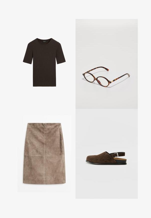 Mørkebrun kortærmet t-shirt med rund hals, enkel design med ribbet krave, mærket Massimo Dutti ved kraven.; Suedet blyantskørt i dæmpet taupe, med en glat tekstur, baglæns lynlås og centralt søm for ekstra detaljer.; Brune ruskinds slip-on sko med lav hæl, en justerbar rem med en sølv spænde og en sort gummisål.; Skildpaddebriller med ovale stel, klare linser og guld accenter. Har buede stænger og en glat, blank finish.; Brun ruskinds hobo taske med en blød, slasket form, der har en enkelt skulderrem og en subtil sømdetalje langs kanterne.