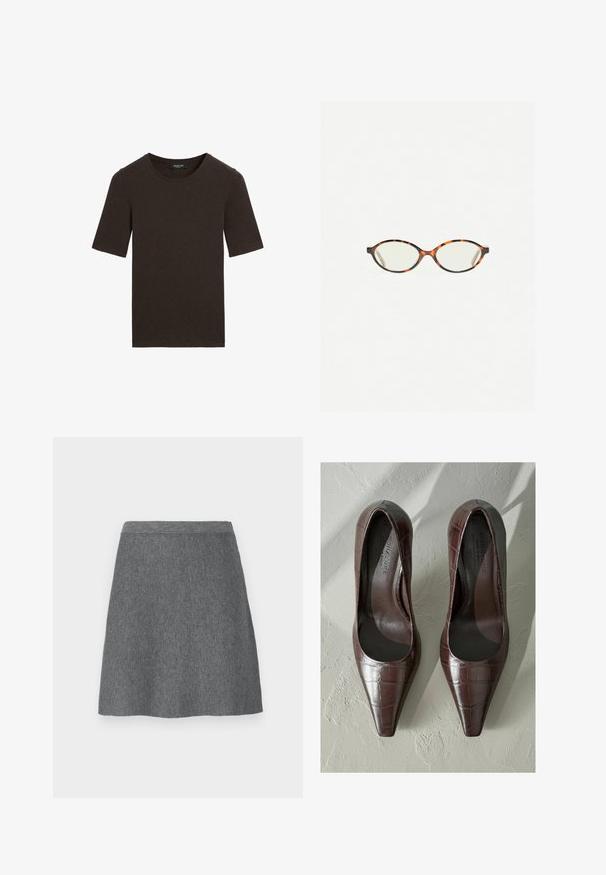 Dunkelbraunes Kurzarm-T-Shirt mit Rundhalsausschnitt, schlichtes Design mit geripptem Kragen, mit dem Etikett Massimo Dutti am Kragen.; Grauer Wollrock mit einem taillierten Bund, A-Linien-Form und glatter Textur. Keine Taschen oder sichtbaren Hardwaredetails.; Braune Lackleder-High Heels mit spitzem Zehenbereich, die eine Krokodilhaut-Textur und ein glattes Innenfutter aufweisen. Entworfen für ein elegantes Erscheinungsbild.; Schildpatt-Eyegläser mit ovalen Gläsern und einer eleganten, glatten Oberfläche. Mit dünnen Seiten und einer subtilen Kurve an den Schläfen. Klare Gläser.; Schwarze Leder-Umhängetasche mit glatter Textur, geschwungener Form und einem einzelnen verstellbaren Tragegurt, der goldene Beschläge und ein markenbezogenes Detail aufweist.