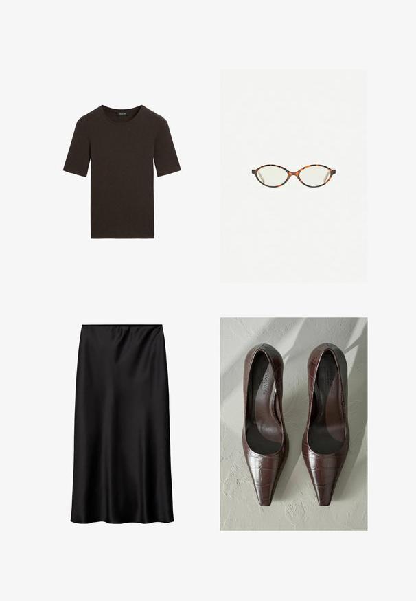 Dunkelbraunes Kurzarm-T-Shirt mit Rundhalsausschnitt, schlichtes Design mit geripptem Kragen, mit dem Etikett Massimo Dutti am Kragen.; Schwarzer Satinrock mit glatter, glänzender Struktur, der einen einfachen, geraden Schnitt und einen elastischen Taillenbund für einen sicheren Sitz aufweist.; Braune Lackleder-High Heels mit spitzem Zehenbereich, die eine Krokodilhaut-Textur und ein glattes Innenfutter aufweisen. Entworfen für ein elegantes Erscheinungsbild.; Schildpatt-Eyegläser mit ovalen Gläsern und einer eleganten, glatten Oberfläche. Mit dünnen Seiten und einer subtilen Kurve an den Schläfen. Klare Gläser.; Schwarze Leder-Umhängetasche mit glatter Textur, geschwungener Form und einem einzelnen verstellbaren Tragegurt, der goldene Beschläge und ein markenbezogenes Detail aufweist.