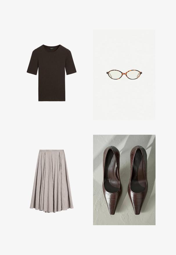 Mörkbrun kortärmad t-shirt med rund halsringning, enfaldig design med ribbad krage, märkt Massimo Dutti vid halsen.; Ljust grå midikjol gjord av texturerad tyg med vertikala veck, med en åtsittande midja och en flödande, A-linjeform.; Bruna lackskinnsskor med hög klack och spetsig tå, prydda med krokodiltextur och med en slät insida. Designade för att ge ett elegant utseende.; Sköldpaddsmönstrade glasögon med ovala linser och en elegant, slät yta. Har tunna sidor med en subtil kurva vid tinningarna. Klara linser.; Svart läderaxelväska med en slät yta, böjd form och en justerbar rem som har guldiga detaljer och en märkesbetonad accent.