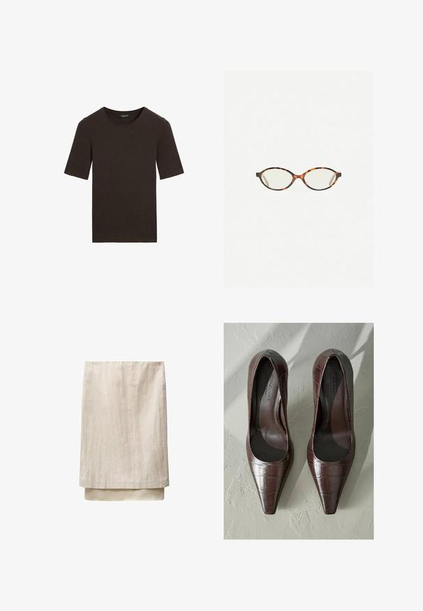 Mörkbrun kortärmad t-shirt med rund halsringning, enfaldig design med ribbad krage, märkt Massimo Dutti vid halsen.; Beige linnekjol med rak skärning, med en lagerdesign vid fållen för extra dimension och textur. Slätt, lätt tyg.; Bruna lackskinnsskor med hög klack och spetsig tå, prydda med krokodiltextur och med en slät insida. Designade för att ge ett elegant utseende.; Sköldpaddsmönstrade glasögon med ovala linser och en elegant, slät yta. Har tunna sidor med en subtil kurva vid tinningarna. Klara linser.; Svart läderaxelväska med en slät yta, böjd form och en justerbar rem som har guldiga detaljer och en märkesbetonad accent.