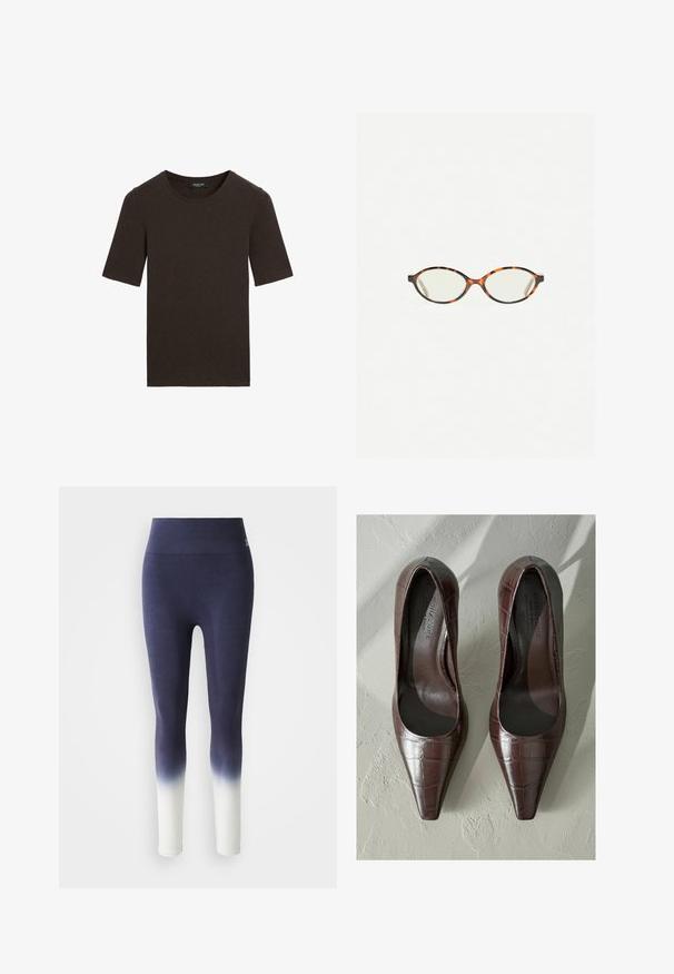 Mörkbrun kortärmad t-shirt med rund halsringning, enfaldig design med ribbad krage, märkt Massimo Dutti vid halsen.; Högmidjade damtights med marinblå överdel som övergår i vitt vid vristerna, tillverkade av elastiskt tyg.; Bruna lackskinnsskor med hög klack och spetsig tå, prydda med krokodiltextur och med en slät insida. Designade för att ge ett elegant utseende.; Sköldpaddsmönstrade glasögon med ovala linser och en elegant, slät yta. Har tunna sidor med en subtil kurva vid tinningarna. Klara linser.; Svart läderaxelväska med en slät yta, böjd form och en justerbar rem som har guldiga detaljer och en märkesbetonad accent.