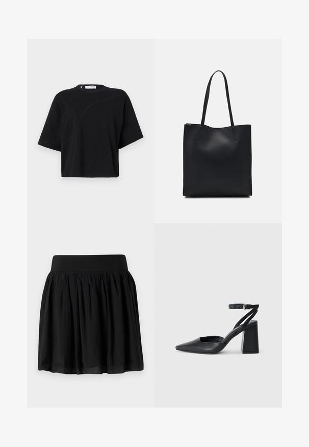 T-shirt noir à manches courtes avec un col rond, arborant des motifs de coutures courbes subtils et une coupe décontractée et ample. Tissu en coton.; Jupe en tissu noir avec une large ceinture, un design froncé et une forme évasée. La texture semble lisse avec une finition légère.; Escarpin noir en cuir à bout pointu avec une bride de cheville et un talon épais. Texture lisse, design élégant et esthétique minimaliste.; Sac fourre-tout en cuir noir avec une texture lisse, de forme rectangulaire et deux longues poignées. Pas de matériel ou d'ornementations visibles.