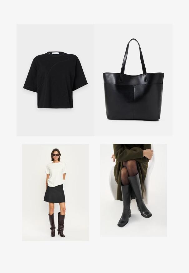 Čierne tričko s krátkymi rukávmi a okrúhlym výstrihom, s jemnými, zakrivenými švami a voľným, štvorcovým strihom. Bavlnená látka.; Biely top s krátkym rukávom spárovaný s čiernou rozšírenou minisukňou a lesklými tmavohnedými čižmami po kolená. Celkový vzhľad sa vyznačuje čistými líniami a textúrami.; Čierne kožené čižmy po kolená so štvrtým prstom a blokovým opätkom, zobrazené s modelom sediacim v olivovo zelenej bunde. Hladká textúra, minimálne detaily.; Čierna kožená tote taška s dvoma dlhými rúčkami, hladkým povrchom a štruktúrovaným tvarom. Obsahuje prednú kapsu pre dodatočné uskladnenie.