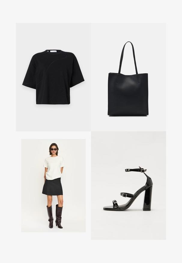 Camiseta negra de manga corta con cuello redondo, que presenta patrones de costura curvados y sutiles, y un corte relajado y amplio. Tela de algodón.; Una blusa blanca de manga corta combinada con una minifalda negra acampanada y botas de charol marrón oscuro hasta la rodilla. El conjunto presenta líneas y texturas limpias.; Sandalias de tacón de charol negro con punta cuadrada, correas en el tobillo y hebillas plateadas. Presentan un tacón grueso para mayor estabilidad.; Bolso tote de cuero negro con textura lisa, forma rectangular y dos asas largas. Sin herrajes ni adornos visibles.