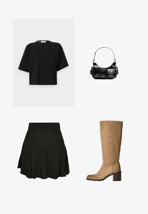 Tricou negru cu mânecă scurtă și guler rotund, având motive de coasere subtile și curbate și un croi lejer, de tip boxy. Material din bumbac.; Fustă neagră cu un design evazat, având un detaliu de talie legat și un material ușor, care creează cute blânde la margine.; Botine din suede bej, cu lungimea până la genunchi, vârf pătrat, toc bloc și cusături minime. Partea superioară are o textură netedă, mată.; Geantă de mână din piele lăcuită neagră, cu o formă curbată, un umăr, buzunare frontale și accente din metal argintiu.