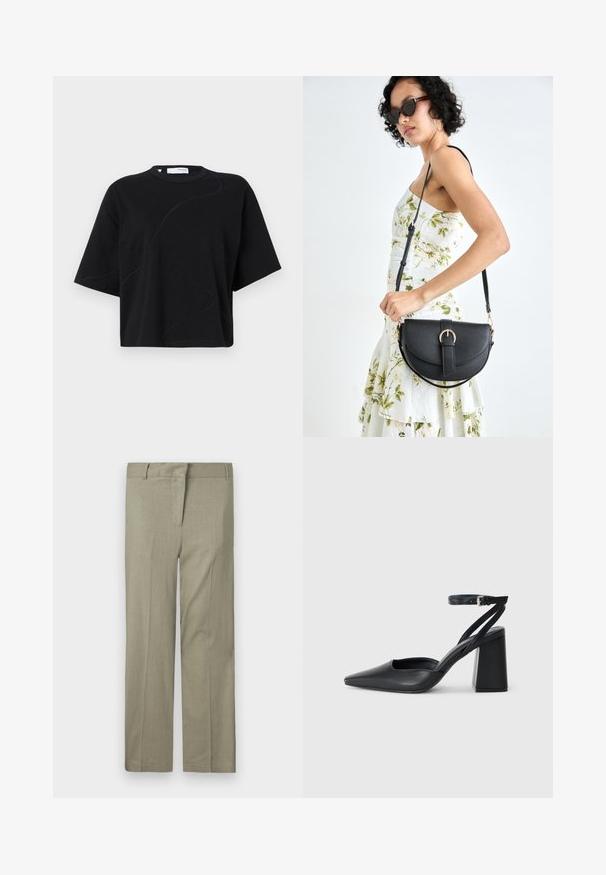 Čierne tričko s krátkymi rukávmi a okrúhlym výstrihom, s jemnými, zakrivenými švami a voľným, štvorcovým strihom. Bavlnená látka.; Svetlo olivové nohavice, strih na mieru, s plochým predným dielom, dvoma bočnými vreckami a hladkou, textúrovanou tkaninou. Žiadne viditeľné vzory ani akcenty.; Čierne kožené lodičky s špicatou špičkou a členkovým remienkom, s masívnym podpätkom. Hladký povrch, elegantný dizajn a minimalistická estetika.; Čierna kožená kabelka s zaobleným tvarom, odnímateľným popruhom a zlatými doplnkami. Kabelka má klopu s detailom s prackou.