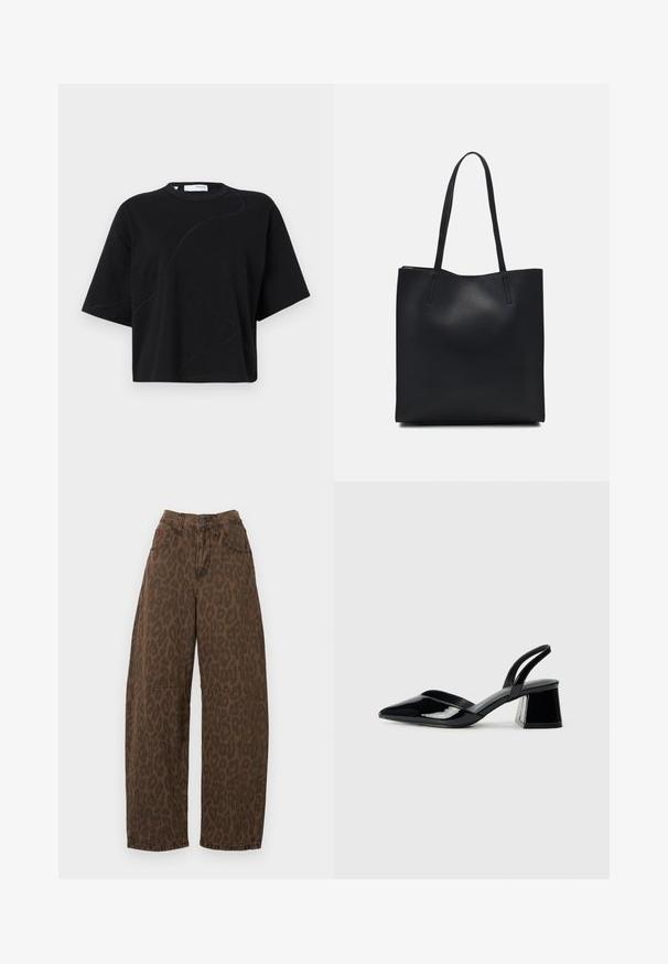 Svart T-skjorte med korte ermer og rund hals, med subtile, buede sømmer og en avslappet, boksformet passform. Laget av bomull.; Brune leopardmønstrete vidde bukser med høy livhøyde, knappelukking og to frontlommer. Laget av denimstoff med en glatt tekstur.; Svarte patentlær slingback hæler med spiss tå og geometrisk blokk hæl. Har et stilrent, minimalistisk design og jevn tekstur.; Svart lær tote bag med glatt tekstur, rektangulær form og to lange håndtak. Ingen synlige deler eller dekorasjoner.