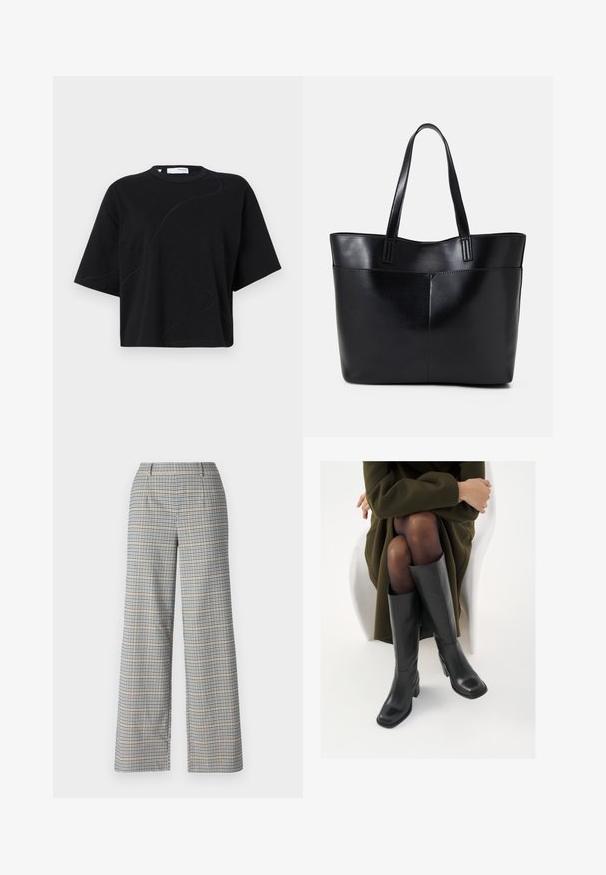 Maglietta nera a maniche corte con scollatura rotonda, caratterizzata da sottili pattern di cuciture curve e una vestibilità rilassata e ampia. Tessuto in cotone.; Pantaloni a gamba larga in un motivo a quadri beige, blu navy e nero. Presentano due tasche anteriori e un tessuto liscio e strutturato.; Stivali neri in pelle alti fino al ginocchio con punta squadrata e tacco a blocco, mostrati con un modello seduto in un cappotto verde oliva. Texture liscia, dettagli minimi.; Borsa a tracolla in pelle nera con due manici lunghi, una texture liscia e una forma strutturata. Presenta una tasca frontale per ulteriore spazio di archiviazione.