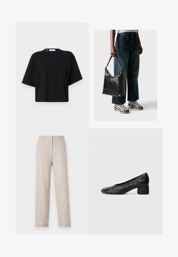 Black short-sleeve T-shirt with a round neckline, featuring subtle, curved stitching patterns and a relaxed, boxy fit. Cotton fabric.; Beige linen trousers with a straight leg design, high waistband, and subtle texture. No visible pockets or embellishments.; Black leather pump with a rounded toe and mid-block heel. Smooth texture with minimal detailing, featuring a subtle elastic opening.; Black leather shoulder bag with a smooth texture and adjustable strap, paired with faded wide-leg jeans and athletic sneakers.