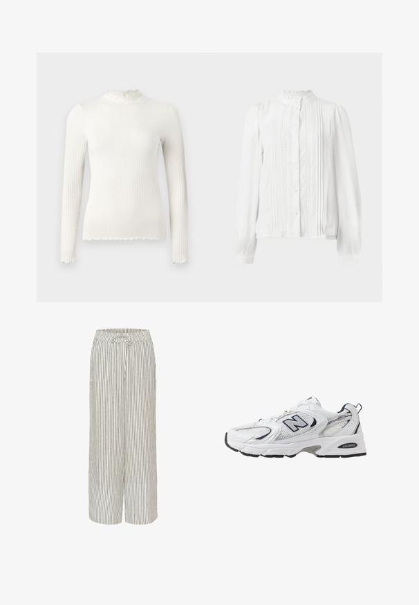 Long-sleeve white ribbed turtleneck top with a ruffled neck and frayed hem detailing. Smooth texture, form-fitting design.; White blouse featuring a high collar, button closure, pleats down the front, and lace trim on sleeves. Made from lightweight fabric.; Linen blend wide-leg pants with a striped pattern in beige and gray. Features an elastic waistband with drawstring and two front pockets.; White athletic shoe with mesh upper, navy accents, and cushioned sole. Features "N" logo, laces, and textured detail on side.