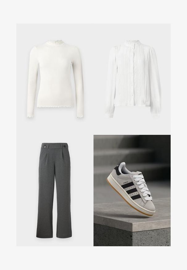 Bílý dlouhý rukáv pletený rolák s řaseným límcem a třepícími se okraji. Hladká textura, přiléhavý střih.; Bílá blůza s vysokým límcem, zapínáním na knoflíky, sklady vpředu a krajkovými lemy na rukávech. Vyrobena z lehkého materiálu.; Šedé kalhoty širokého střihu vyrobené z texturované látky, s vysokým pasem, předními sklady a dvěma knoflíky na pase.; Šedý teniska Adidas Campus s černými pruhy a bílými tkaničkami plovoucí nad betonovým okrajem se schody v pozadí.