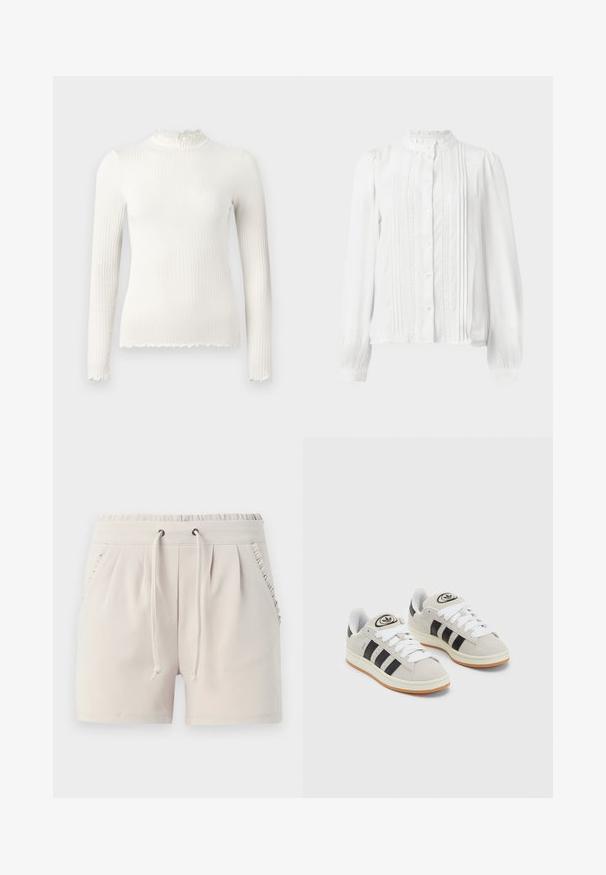 Dugi rukav bijela rebrasta dolčevita s nabranim ovratnikom i iznošenim rubovima. Glatka tekstura, utesan dizajn.; Bijela bluzica s visokim ovratnikom, zatvaranjem na dugmad, plisiranim detaljima sprijeda i čipkastim rubom na rukavima. Izrađena od lagane tkanine.; Svijetlosmeđi šorts s elastičnom gumom u struku, vezicom, bočnim džepovima i detaljima od nabranaca duž rubova džepova. Mekana tkanina.; Sive suede tenisice s bijelim vezicama, crnim prugama i bijelim gumiranim potplatom. Imaju kružni logo na jeziku i gumeni potplat.