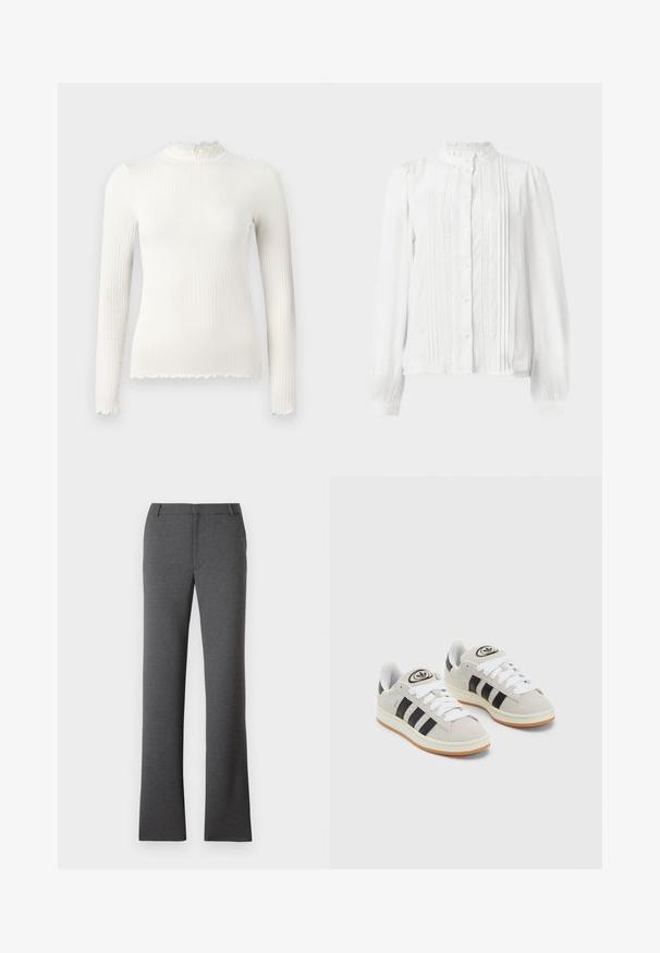 Long-sleeve white ribbed turtleneck top with a ruffled neck and frayed hem detailing. Smooth texture, form-fitting design.; White blouse featuring a high collar, button closure, pleats down the front, and lace trim on sleeves. Made from lightweight fabric.; Gray trousers with a straight leg design. Made from a textured fabric, featuring a flat front and belt loops. No visible patterns or hardware.; Gray suede sneakers with white laces, black stripes, and a white rubber sole. Features a circular logo on the tongue and a gum sole.