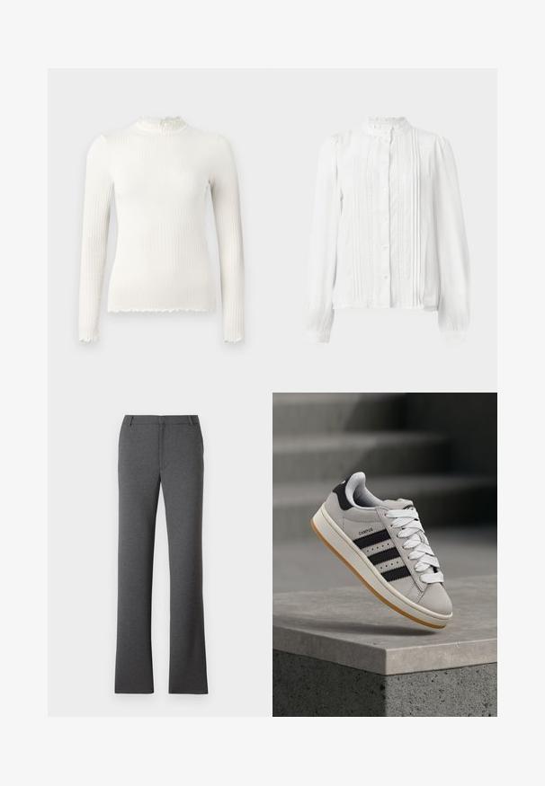 Pikkade varrukatega valge ribikleidi turtleneck pluus rüüpas kraega ja frayed äärise detailidega. Sile tekstuur, keha kohandav disain.; Valge pluus kõrge kaelusega, nuppude kinnihoidmisega, voldid ees ja pitsipiirded varrukatel. Valmistatud kergest kangast.; Hallid hallid püksid sirge sääre disainiga. Valmistatud tekstureeritud kangast, millel on lame esiosa ja vöökohad. Pole nähtavaid mustreid ega riistvara.; Hall Adidas Campus spordijalats mustade triipude ja valgete paeltega, mis hõljub betoonist ääre kohal, kus taustal on trepid.