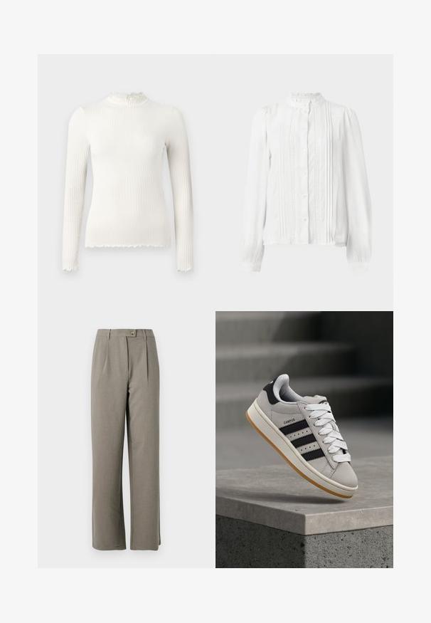 Långärmad vit ribbad polokrage med volangkrage och fransdetaljer vid fållen. Slät textur, figurnära passform.; Vit blus med hög krage, knappstängning, plisseringar fram och spetsdetaljer på ärmarna. Tillverkad av lättviktsmaterial.; Ljust grå vida byxor med en slät textur, med frontveck, knappstängning och två sidofickor.; adidas Originals CAMPUS 00S W - Sneakers - crystal white/core black/off white