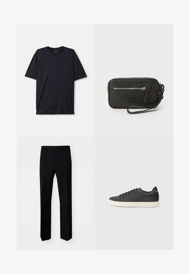 T-shirt de manga curta azul-marinho, feito de tecido suave, com decote redondo e um pequeno logótipo escuro no peito.; Tiger of Sweden TYLER - Calças - black; Sapatilha de couro preto com perfil baixo, bico arredondado e fecho de atacadores; apresenta uma sola de borracha texturizada e detalhe do logotipo no calcanhar.; Clutch preta em pele com superfície texturizada, bolso frontal com fecho e strap de pulso destacável. Apresenta um logotipo na parte frontal. Forma retangular.