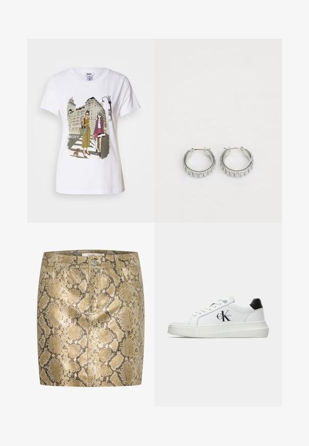 Baltos medvilnės marškinėliai su spausdinta iliustracija, kurioje pavaizduotos dvi moterys urbanistiniais mados stiliais su šunimi perėjimo zonoje ir miesto pastatai.; Gyvatės rašto mini sijonas su metaliniu blizgesiu auksinės ir smėlio spalvų atspalvių. Su mygtukų uždarymu ir priekinėmis kišenėmis. Daugiasluoksnė tekstūra.; Balti žemakulniai bateliai su juodu kulno dangteliu, platformos padu, raišteliais ir Calvin Klein "CK" logotipu šone.; Sidabrinės auskarų žiedai su tekstūruotu dizainu, turinčiu vertikalias briaunas. Apskritimo forma su saugiu užraktu. Lygi apdaila.