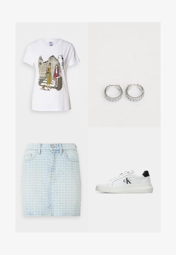 Λευκό βαμβακερό T-shirt που διαθέτει μια εκτυπωμένη απεικόνιση δύο γυναικών σε αστικά στυλ μόδας με έναν σκύλο σε διάβαση και κτίρια πόλης.; Τζιν φούστα σε ανοιχτό μπλε χρώμα με λευκό μοτίβο λογοτύπου σε όλη την επιφάνεια. Κλασικός σχεδιασμός με πέντε τσέπες και κλείσιμο με κουμπί μπροστά.; Λευκό αθλητικό παπούτσι χαμηλού προφίλ με μαύρη ταμπέλα στη φτέρνα, πλατφόρμα, κορδόνια και λογότυπο "CK" της Calvin Klein στο πλάι.; Ασημένια σκουλαρίκια κρίκοι με υφή που διαθέτει κατακόρυφες ραβδώσεις. Κυκλικός σχηματισμός με ασφαλές κλείσιμο. Λείος φινίρισμα.
