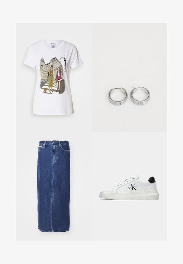 Bela bombažna majica z natisnjeno ilustracijo dveh žensk v urbanih modnih stilih s psom na prehodu za pešce in mestnimi stavbami.; Denim krilo v temno modri barvi, do kolen, z razporkom spredaj, tradicionalnim pasom in petimi žepi s kontrastnim šivom.; Bele nizke superge z črnim hrbtnim delom, platformo, vezalkami in Calvin Klein "CK" logotipom na strani.; Srebrni obroči s teksturiranim dizajnom, ki vsebuje navpične rebraste vzorce. Krožna oblika z varnim zapiranjem na zaponko. Gladek zaključek.