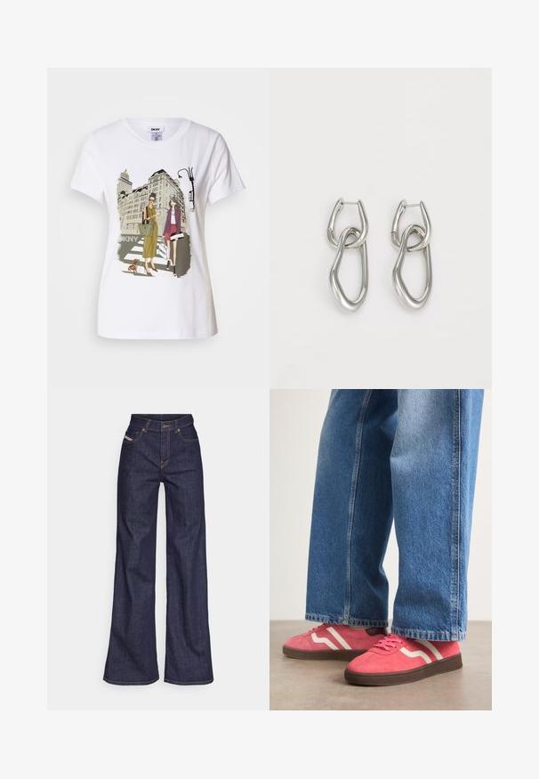 Weißes Baumwoll-T-Shirt mit einem bedruckten Motiv, das zwei Frauen in urbanen Modestilen zeigt, die mit einem Hund auf einem Zebrastreifen stehen, mit Stadtgebäuden im Hintergrund.; Dunkelblaue weite Jeans aus Denimstoff mit hoher Taille, ausgestattet mit orangefarbenen Nähten, fünf Taschen und einem Knopfverschluss.; Rosa Wildleder-Sneaker mit weißen wellenförmigen Streifen und braunen Gummisohlen, kombiniert mit hellblauen weit geschnittenen Denim-Jeans.; Calvin Klein STATEMENT LINKS - Ohrringe - silver-coloured
