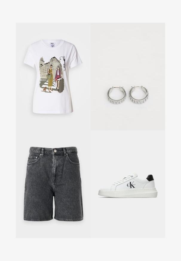 Balta kokvilnas T-krekls ar divu sieviešu, kas ģērbtas urbanā stilā, zīmējumu, uz kura redzams suns uz gājēju pārejas un pilsētas ēkas.; Melnā mazgātā denima šorti ar jostas cilpām, priekšējo pogu, rāvējslēdzēja aizdari un klasisko piecu kabatu dizainu.; Baltā zema topa sporta apavas ar melnu papēža cilni, platformas zoli, auklēm un Calvin Klein "CK" logo sānos.; Sudraba gredzena auskari ar faktūras dizainu, kas ietver vertikālas rievas. Apaļa forma ar drošu aizdari. Gluda apdare.