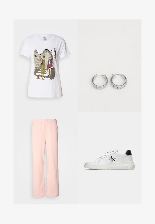 Balta kokvilnas T-krekls ar divu sieviešu, kas ģērbtas urbanā stilā, zīmējumu, uz kura redzams suns uz gājēju pārejas un pilsētas ēkas.; Rozā kokvilnas sporta bikses ar plaša krēsla dizainu, elastīgu jostasvietu un minimālām dūriens detaļām. Iekļauta neliela logo etikete sānos.; Baltā zema topa sporta apavas ar melnu papēža cilni, platformas zoli, auklēm un Calvin Klein "CK" logo sānos.; Sudraba gredzena auskari ar faktūras dizainu, kas ietver vertikālas rievas. Apaļa forma ar drošu aizdari. Gluda apdare.