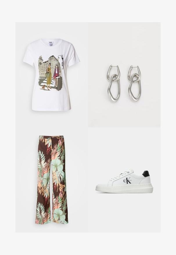 Weißes Baumwoll-T-Shirt mit einem bedruckten Motiv, das zwei Frauen in urbanen Modestilen zeigt, die mit einem Hund auf einem Zebrastreifen stehen, mit Stadtgebäuden im Hintergrund.; Weit geschnittene Hosen aus einem dunkelbraunen Stoff mit einem lebhaften Blumen- und Blättermuster in den Farben Grün, Rot und Pfirsich. Weiches, leichtes Material.; Weiße Low-Top-Sneaker mit schwarzem Fersenpatch, Plateau-Sohle, Schnürsenkeln und Calvin Klein "CK"-Logo an der Seite.; Calvin Klein STATEMENT LINKS - Ohrringe - silver-coloured