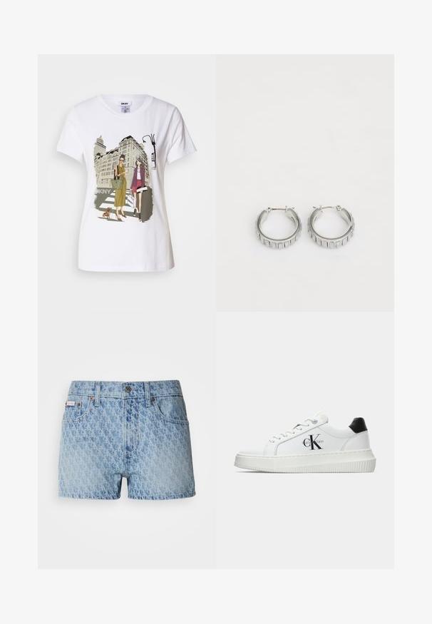 Balta kokvilnas T-krekls ar divu sieviešu, kas ģērbtas urbanā stilā, zīmējumu, uz kura redzams suns uz gājēju pārejas un pilsētas ēkas.; Gaiši zilas džinsi īsie šorti ar teksturētu, atkārtotu rakstu. Iekļauta pogu aizdare un sarkans zīmola etiķetes uz kreisā kabatas.; Baltā zema topa sporta apavas ar melnu papēža cilni, platformas zoli, auklēm un Calvin Klein "CK" logo sānos.; Sudraba gredzena auskari ar faktūras dizainu, kas ietver vertikālas rievas. Apaļa forma ar drošu aizdari. Gluda apdare.