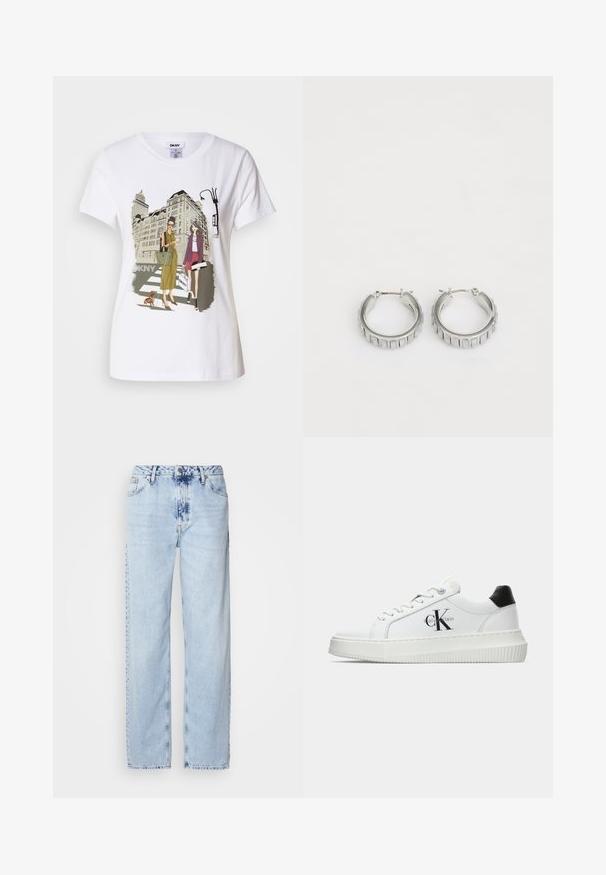 Bijela pamučna majica s printanom ilustracijom dviju žena u urbanom modnom stilu s psom na pješačkom prijelazu i gradskim zgradama.; Svijetloplave široke traperice od denima, s visokim strukom, izblijedjelim pranjem i suptilnim uzorkom tie-dye na prednjoj strani.; Bijeli niskotoperani tenisice s crnom petom, platformom, vezicama i "CK" logotipom Calvin Kleina sa strane.; Srebrne naušnice na obruče s teksturiranim dizajnom koji sadrži vertikalne rebra. Okrugli oblik s sigurnim zatvaranjem. Glatka završna obrada.