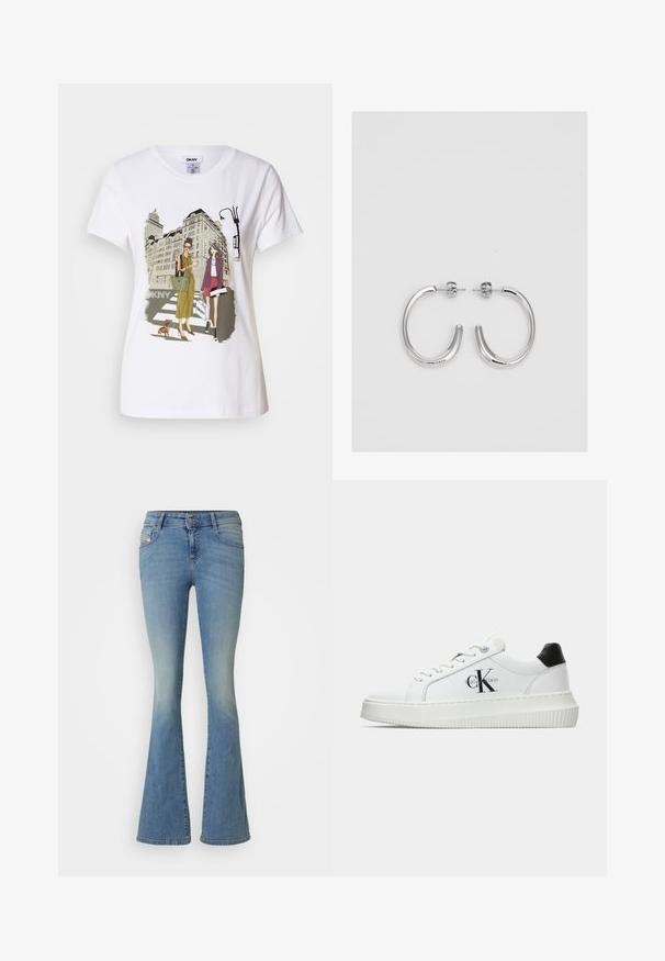 Baltos medvilnės marškinėliai su spausdinta iliustracija, kurioje pavaizduotos dvi moterys urbanistiniais mados stiliais su šunimi perėjimo zonoje ir miesto pastatai.; Šviesiai mėlynos džinsinės kelnes su išpūstu priekiniu kraštu, pagamintos iš džinsinio audinio su išblukusiu efektu. Turi mygtuko uždarymą, penkias kišenes ir matomus siūlus palei siūles.; Balti žemakulniai bateliai su juodu kulno dangteliu, platformos padu, raišteliais ir Calvin Klein "CK" logotipu šone.; Sidabrinės auskarai žiedai su lygiu, blizgiu paviršiumi. Suapvalinta forma, lengvas dizainas, su uždarymu ant smeigtuko.