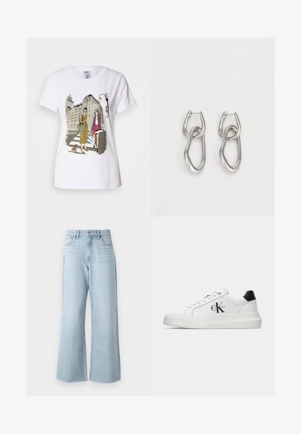 Fehér pamut póló, amelyen nyomtatott illusztráció látható két nő városi divatstílusban, egy kutyával a zebrán és városi épületekkel a háttérben.; Világoskék farmer széles szárú nadrág magas derékkal, gombos záródással és két elülső zsebbel, sima textúrával és enyhe kopással.; Fehér alacsony szárú edzőcipő fekete saroktabbal, platform talppal, fűzőkkel és Calvin Klein "CK" logóval az oldalán.; Calvin Klein STATEMENT LINKS - Fülbevalók - silver-coloured