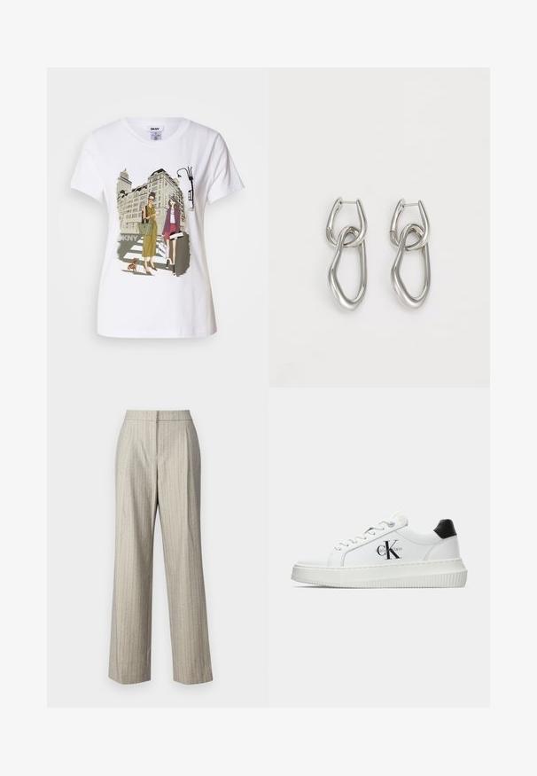 T-shirt en coton blanc avec une illustration imprimée de deux femmes en styles de mode urbaine, accompagnées d'un chien sur un passage piéton, avec des bâtiments de la ville en arrière-plan.; Pantalons gris clair taille haute avec de subtils rayures fines et un tissu légèrement texturé. Conception à jambe droite avec une finition ajustée.; Baskets basses blanches avec un tab de talon noir, semelle plateforme, lacets et logo "CK" de Calvin Klein sur le côté.; Calvin Klein STATEMENT LINKS - Boucles d'oreilles - silver-coloured