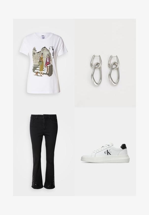 Hvid bomulds T-shirt med et trykt illustrativt motiv af to kvinder i urban mode med en hund på et fodgængerfelt og bybygninger.; Sorte denim flared jeans med dekorative pailletmønstre ved kanten, med fem lommer, bæltestropper og lukning med knap foran.; Hvide lavtoppede sneakers med sort hælkænke, platformssål, snørebånd og Calvin Klein "CK" logo på siden.; Calvin Klein STATEMENT LINKS - Øreringe - silver-coloured
