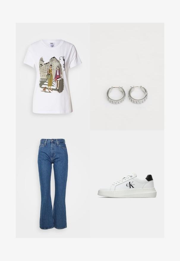 Camiseta de algodón blanca con una ilustración impresa de dos mujeres con estilos de moda urbana, un perro en un paso de peatones y edificios de la ciudad.; Vaqueros de mezclilla azul de cintura alta con forma acampanada, diseño clásico de cinco bolsillos y ligero desgaste, con una cinturilla resistente y botón de metal.; Zapatilla baja blanca con talón negro, suela de plataforma, cordones y logotipo "CK" de Calvin Klein en el lado.; Pendientes de aro plateados con un diseño texturizado que presenta estrías verticales. Forma circular con un cierre de seguridad. Acabado suave.