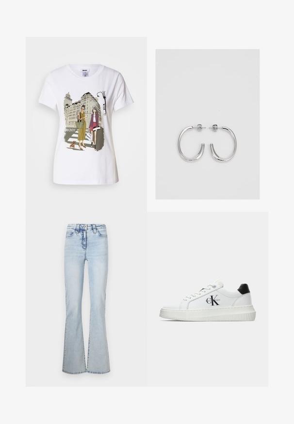 White cotton T-shirt featuring a printed illustration of two women in urban fashion styles with a dog on a crosswalk and city buildings.; Light blue flared jeans made of denim, featuring a high waist, five-pocket design, and subtle fading along the front and back seams.; White low-top sneaker with black heel tab, platform sole, laces, and Calvin Klein "CK" logo on the side.; Silver hoop earrings with a smooth, shiny finish. Rounded shape, lightweight design, featuring a post-back closure.