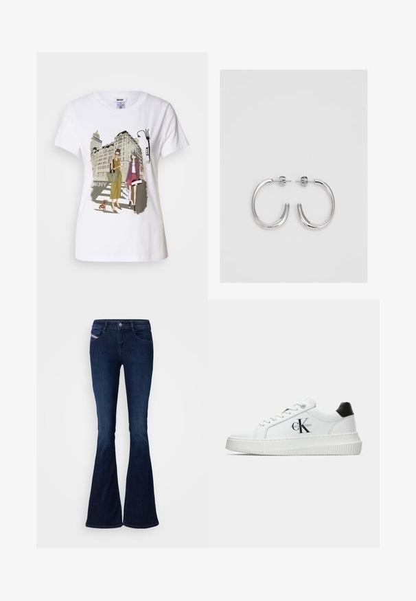 Valkoinen puuvillainen t-paita, jossa on painettu kuva kahdesta naisesta kaupunkimuotityyleissä, koirasta suojatiellä ja kaupungin rakennuksista.; Tummansiniset leveälahkeiset farkut, joissa on sileä denimi-textuuri, edessä taskut, nappikiinnitys ja sivussa hienovarainen brändilappu.; Valkoiset matalat tennarit, joissa on musta kantapää, alustasolki, nauhat ja Calvin Kleinin "CK" logo sivuilla.; Hopehopeet hopehopeet hopehopeet hopehopeet, jolla on sileä, kiiltävä pinta. Pyöreä muoto, kevyt rakenne, jossa on neulakiinnitys.