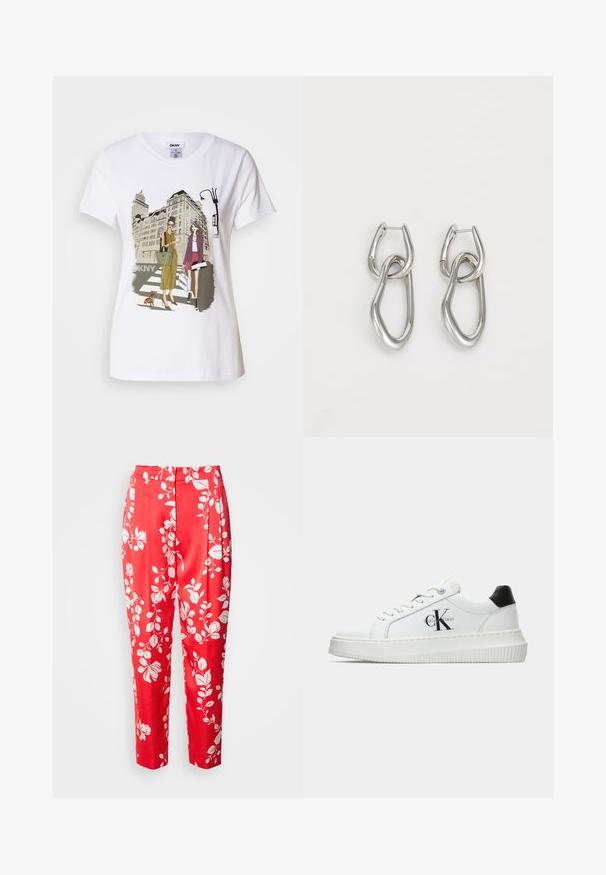 White cotton T-shirt featuring a printed illustration of two women in urban fashion styles with a dog on a crosswalk and city buildings.; Red trousers made from smooth fabric featuring a white floral pattern. They have a tailored fit with a high waist and cropped length.; White low-top sneaker with black heel tab, platform sole, laces, and Calvin Klein "CK" logo on the side.; Calvin Klein STATEMENT LINKS - Earrings - silver-coloured