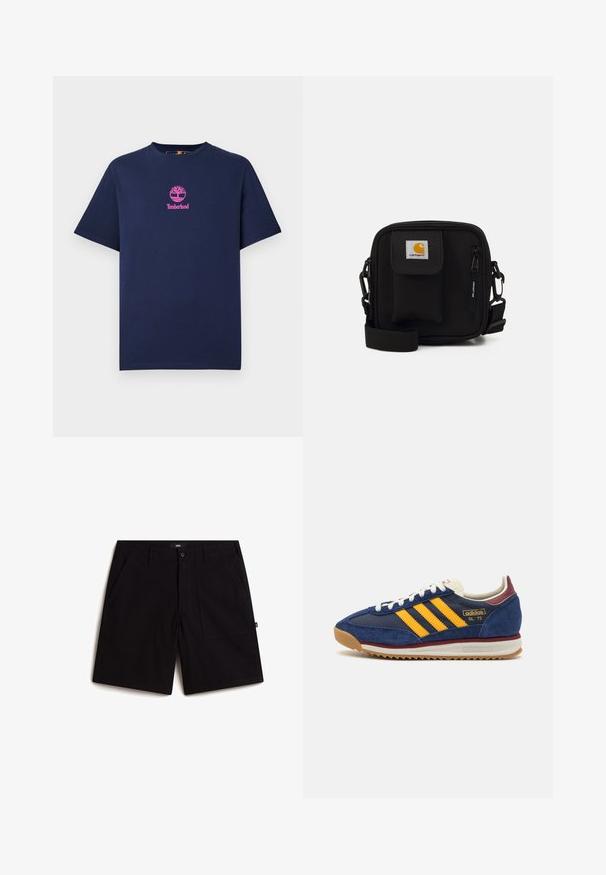 Navyblaue Baumwoll-T-Shirt mit Rundhalsausschnitt und kurzen Ärmeln. Verfügt über ein pinkes Timberland-Logo mit einem Baumdesign auf der Brust.; Schwarze Shorts aus Baumwolle mit einem normalen Bund, zwei Fronttaschen und einer bequemen Passform. Einfaches Design ohne sichtbare Muster.; Marineblaues Wildleder-Sneaker mit gelben Streifen, weißen Schnürsenkeln und burgunderfarbenen Akzenten. Texturierte Sohle mit Rillen für besseren Grip. Markenlogo an der Seite.; Schwarze Umhängetasche aus langlebigem Stoff, mit einer Fronttasche, Reißverschlussverschluss und verstellbarem Trageriemen. Enthält ein Logo-Patch-Detail.