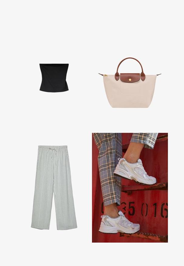 Schwarzes, dehnbares, ärmelloses Oberteil mit glatter Textur, ausgestattet mit einem weiten Ausschnitt und einem ausgestellten Saum, entworfen für eine lockere Passform.; Leichte, weit geschnittene Hosen im grün-weißen Streifenmuster. Mit einem elastischen Bund und einer Kordelzugverschluss.; Weiße Mesh-Sneaker mit silbernen Akzenten und einer strukturierten Sohle, platziert auf einer roten Oberfläche, kombiniert mit karierter Hose.; Beige Nylon-Shopper mit einer Oberklappe und Griffen aus braunem Leder, ausgestattet mit einem goldenen Druckknopfverschluss und einer Fronttasche. Glatte Textur.