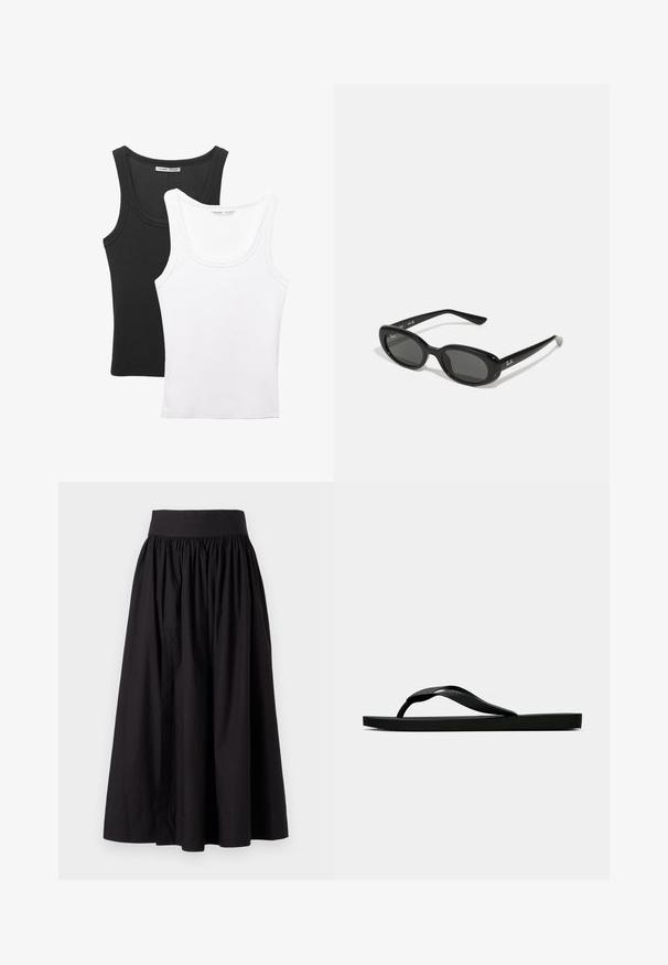 Két atléta top van kiállítva, egy fekete és egy fehér. Mindkettő bordázott textúrájú, széles pántokkal és lekerekített nyakkivágással rendelkezik.; Fekete midi szoknya pamutból, elasztikus derékrésszel, redőzött kialakítással és sima, lágy textúrával. Nincs látható minta vagy részlet.; Fekete gumipapucs, textúrált pánttal és egyszerű lapos talppal, oldalnézetből, világos háttér előtt.; Fekete napszemüveg ovális lencsékkel, fényes műanyag kerettel és karcsú szárakkal. A Ray-Ban logó fehér színben látható az oldalon.
