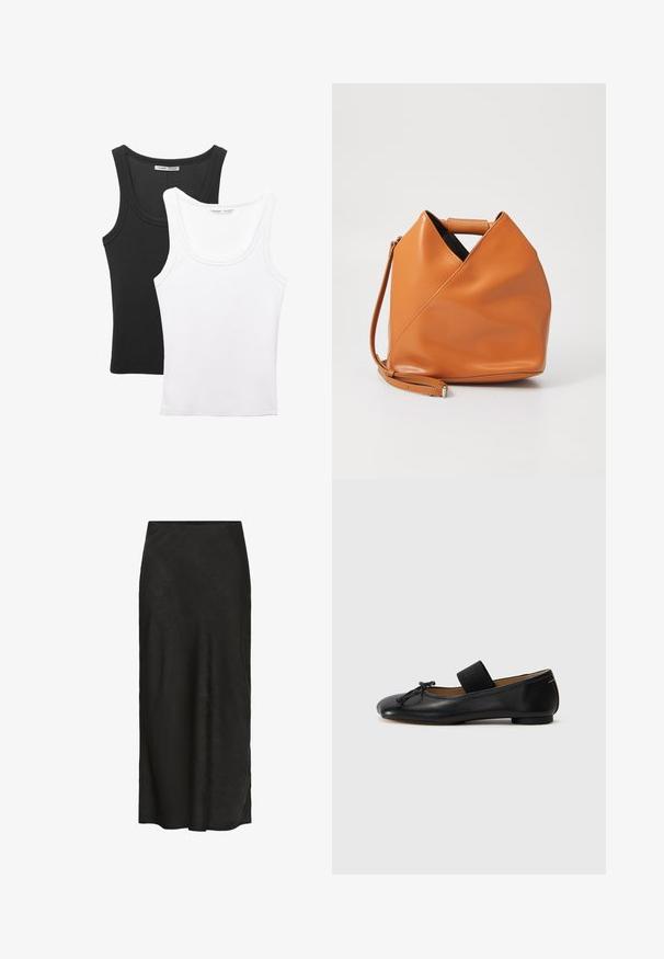 Twee tanktops tentoongesteld, één zwart en één wit. Beide hebben een geribbelde textuur en brede bandjes met een ronde halslijn.; Zwarte, vloerlange rok van textuurstof. Heeft een gladde tailleband, een lichte val en een minimalistisch ontwerp zonder verdere details.; Zwarte leren balletschoenen met een ronde neus, een klein knoopdetail en een elastische band over de wreef voor een stevige pasvorm. Platte zool.; Tan leren handtas met uniek driehoekig vouwontwerp, bovenhandvat en afneembare schouderriem op een witte achtergrond.