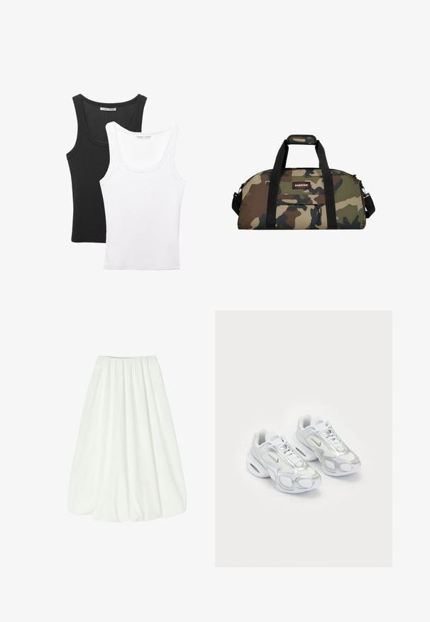 Kaksi topia esillä, yksi musta ja yksi valkoinen. Molemmissa on uritettu pinta ja leveät hihnat, joissa on pyöreä kaula-aukko.; Valkoinen, polvipituinen hame, jossa on joustava vyötärö. Pehmeä kangas, jossa on sileä tekstuuri ja täysi siluetti, luoden hellävaraisia laskoksia.; Valkoiset urheiluskoot, joissa on verkkomateriaali ja hopeiset yksityiskohdat, ainutlaatuinen muoto ja ilmapohjallinen kantapää. Nyöritettävä malli logolla.; Kantokorva-urheilulaukku, jossa on synteettinen kangas, mustat hihnat, yläkahva ja etupuolen vetoketjullinen tasku; siinä on vihreitä, ruskeita ja beigejä kuvioita.