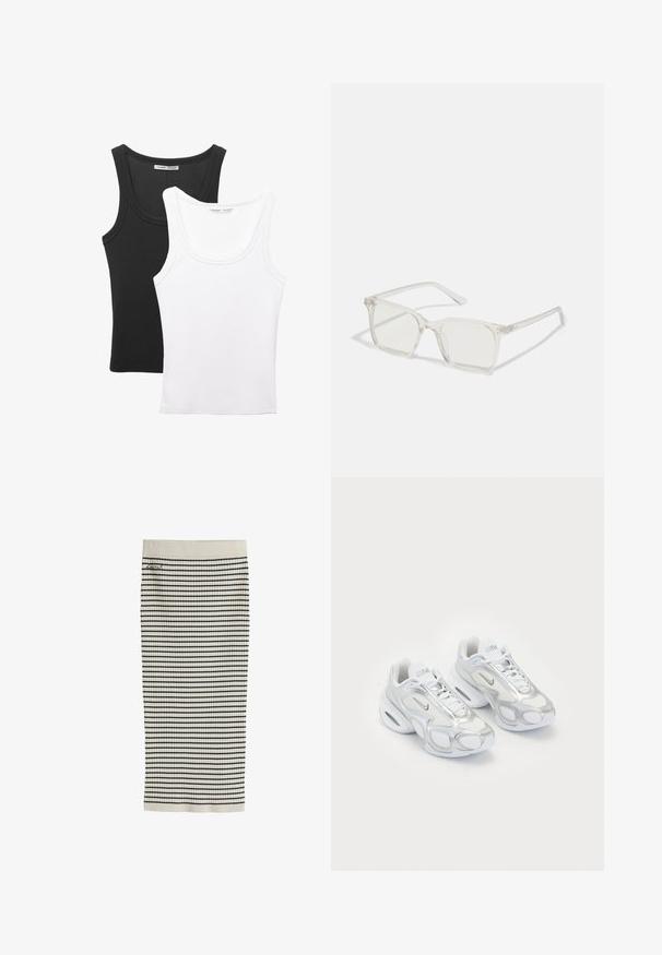 Zwei Tanktops sind ausgestellt, eines schwarz und eines weiß. Beide haben eine gerippte Textur und breite Träger mit einem abgerundeten Ausschnitt.; Cremfarbener gerippter Strickrock mit horizontalen schwarzen Streifen und einem kleinen gestickten Logo in der Nähe der Taille.; Weiße Sportschuhe mit einem Obermaterial aus Netzgewebe und silbernen Akzenten, einer einzigartigen Form und Luftpolsterung in der Ferse. Geflochtenes Design mit Logo.; Klare, quadratische Kunststoffbrillen mit durchsichtigen Gläsern, die goldene Akzente an den Bügeln für zusätzliche Details aufweisen.; Tarnfarbener Duffelbag aus synthetischem Material, mit schwarzen Riemen, einem oberen Tragegriff und einer vorderen Reißverschlusstasche; verfügt über grüne, braune und beige Muster.