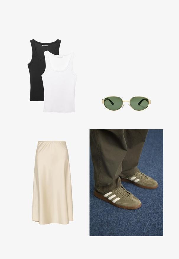 Dve tielka vystavené, jedno čierne a jedno biele. Obe majú rebrovanú textúru široké ramienka a zakrivený výstrih.; Béžová saténová sukňa A-line s elastickým pásom, hladkou textúrou a splývavým siluetom, ktorá sa jemne zužuje smerom k lemom.; Zelené semišové tenisky s tromi bielymi pruhmi, hnedou gumovou podrážkou a štruktúrovanými šnúrkami, skombinované s olivovými nohavicami na modrom koberci.; Slnko zlatohnedých kovových rámových okuliarov s zelenými tónovanými sklami, oválnym tvarom, čiernymi stranami a priehľadnými nosnými podložkami. Čistý, minimalistický dizajn.; Olivovo zelená taška so širokými uchami, hladký povrch a kovový logotyp. Zaoblený tvar so bočnými panelmi; v kombinácii s modrými nohavicami.