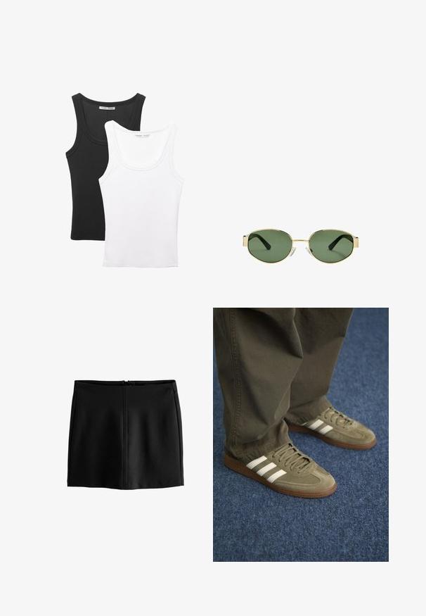 Dve tielka vystavené, jedno čierne a jedno biele. Obe majú rebrovanú textúru široké ramienka a zakrivený výstrih.; Čierna áčková sukňa z hladkého materiálu, s rozparkom na zadnej strane a minimálnymi švovými detailmi. Jednoduchý dizajn bez vzorov alebo ozdôb.; Zelené semišové tenisky s tromi bielymi pruhmi, hnedou gumovou podrážkou a štruktúrovanými šnúrkami, skombinované s olivovými nohavicami na modrom koberci.; Slnko zlatohnedých kovových rámových okuliarov s zelenými tónovanými sklami, oválnym tvarom, čiernymi stranami a priehľadnými nosnými podložkami. Čistý, minimalistický dizajn.