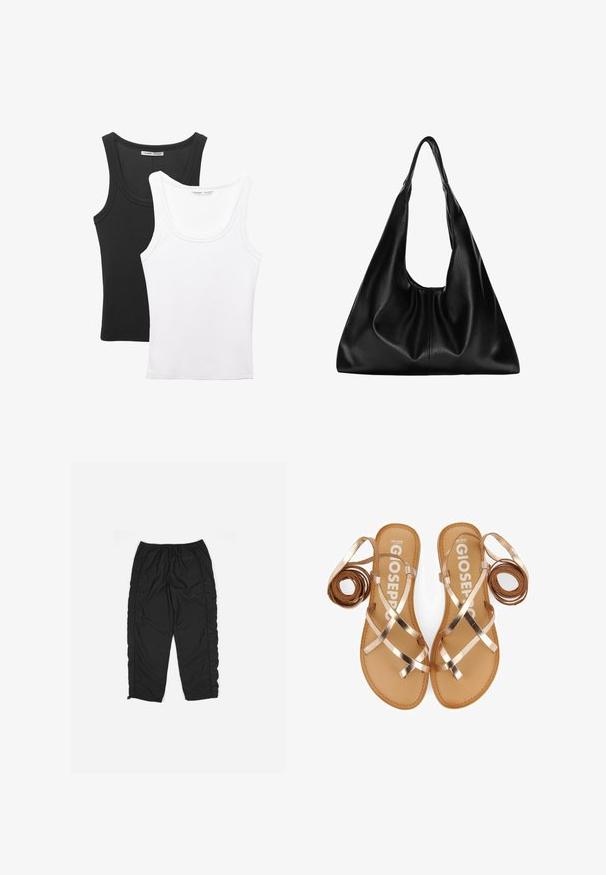 Két atléta top van kiállítva, egy fekete és egy fehér. Mindkettő bordázott textúrájú, széles pántokkal és lekerekített nyakkivágással rendelkezik.; Fekete sportnadrág rugalmas derékkal, oldalán rácsos mintázattal és cipzárakkal a bokán. Sima, könnyű anyag.; Fém rózsa-arany pántos lapos szandálok, konyhai talpbetéttel és minimalista dizájnnal. Mindkét oldalon tépőzáras pántokkal rendelkezik.; Fekete bőr hobo táska, amely lágy, ívelt formájú. Széles felső fogantyúval rendelkezik, és az alján gyűrődésekkel bír, ami laza textúrát ad neki.