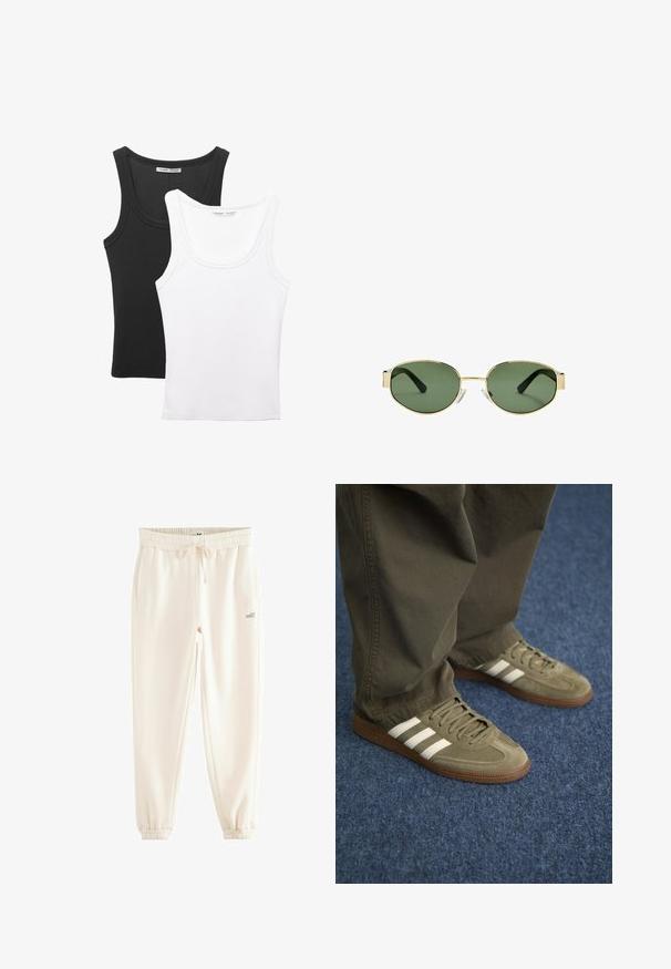 Dvě tílka vystavená, jedno černé a jedno bílé. Obě mají žebrovanou strukturu, široká ramínka a kulatý výstřih.; Krémové jogger kalhoty vyrobené z měkké látky, s elastickým pasem, šňůrkou na stažení, bočními kapsami a žebrovanými manžetami. Tištěné logo "self.".; Zelené semišové tenisky se třemi bílými pruhy, hnědou gumovou podrážkou a texturovanými tkaničkami, spárované s olivově zelenými kalhotami na modrém koberci.; Sluneční brýle s metalickým zlatým rámem, zelenými skly, oválného tvaru, s černými stranicemi a průhlednými nosními podložkami. Čistý, minimalistický design.; Olivově zelená taška přes rameno s dvojitými ušima, hladkým povrchem a kovovým logem. Zaoblený tvar se bočními panely; v kombinaci s modrými kalhotami.
