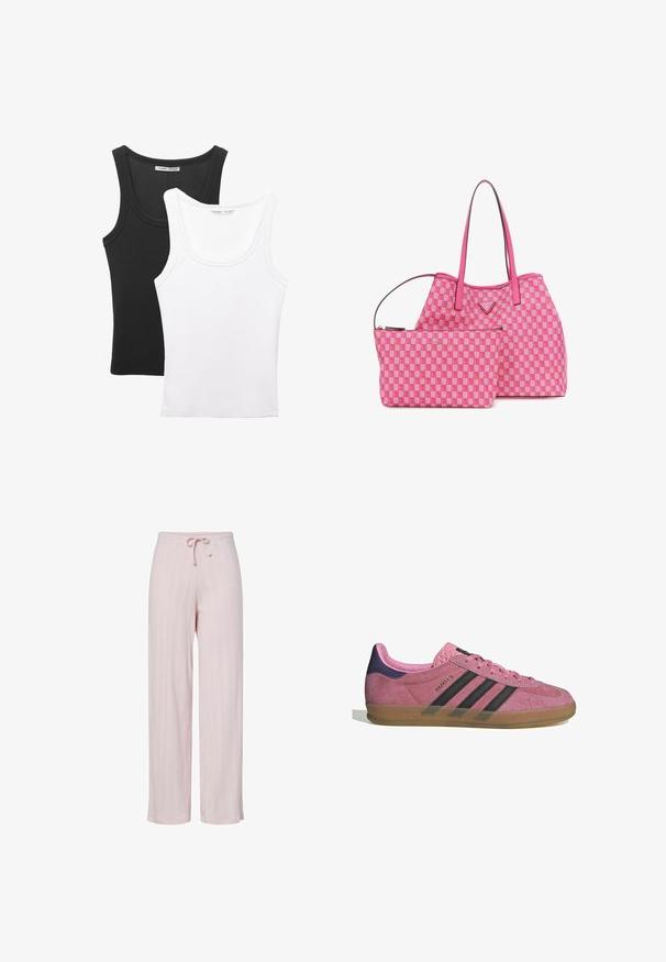 Dvě tílka vystavená, jedno černé a jedno bílé. Obě mají žebrovanou strukturu, široká ramínka a kulatý výstřih.; Světlé růžové široké kalhoty vyrobené z texturované látky, které mají elastický pás se šňůrkou. Vertikální ribbovaný vzor po celém povrchu.; Růžové semišové tenisky s černými pruhy, gumovou podrážkou a strukturovaným fialovým podpatkem. Disponují šněrovacím designem a embosovaným logem na boku.; Růžová taška s kostkovaným vzorem a odpovídajícím menším pouzdrem; má hladký materiál, dvojité uši a zlaté logo.